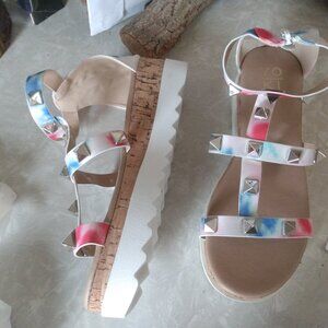 YOKI Tye Dye Cork Platform Wedge Sandals with Silver Studs 7.5